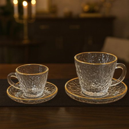 طقم كاسات شاي او فناجين قهوة قزاز مع حز ذهبي